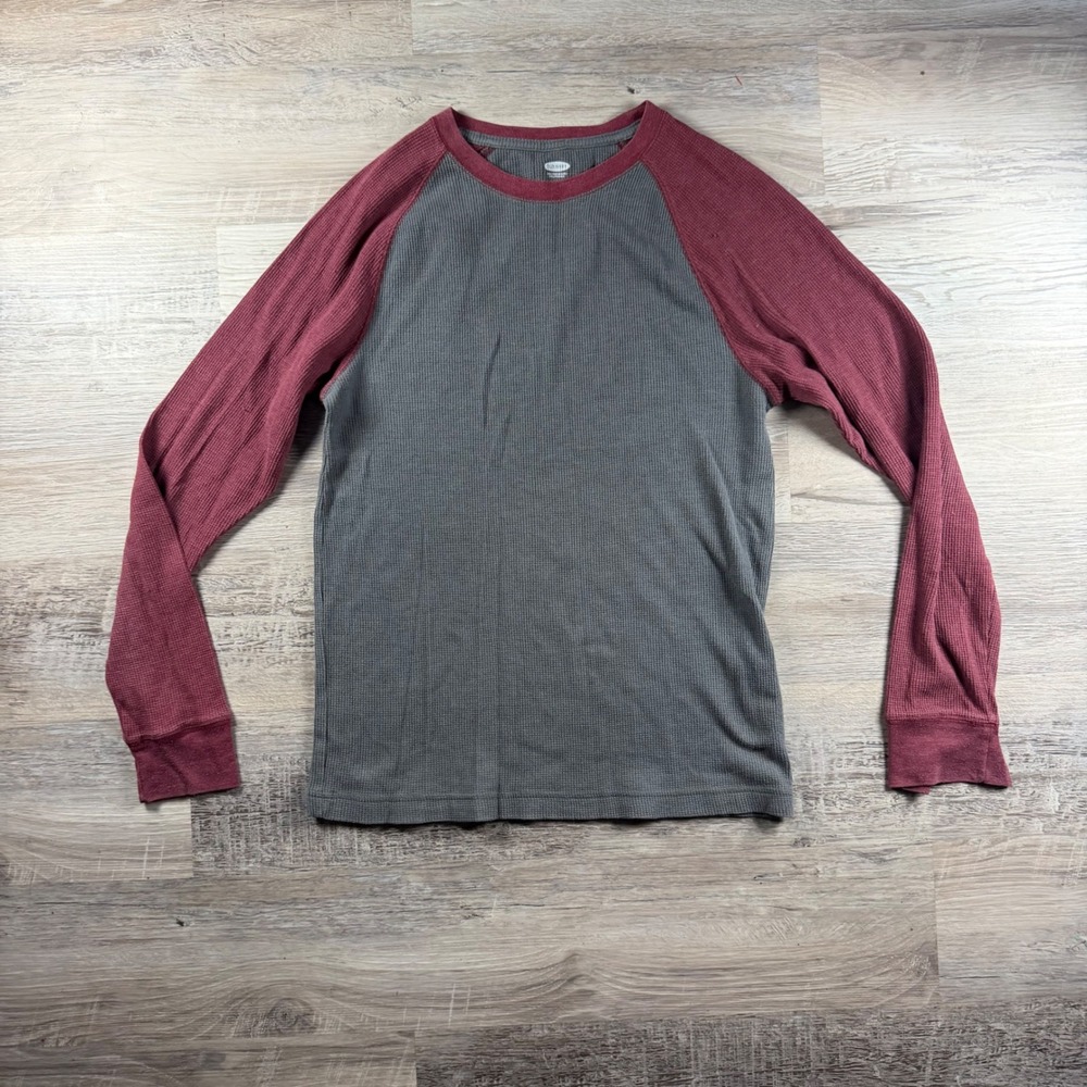 Y2K Old Navy Mens Small Thermal Waffle Knit Raglan Shirt Grey Burgundy Outdoors